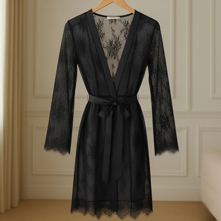 Single Pcs Women’s Net Transparent Sheer Lace Robe Gown – Long Sleeve Free-Size Nightwear With Satin Belt For Elegant And Stylish Comfort (Red)