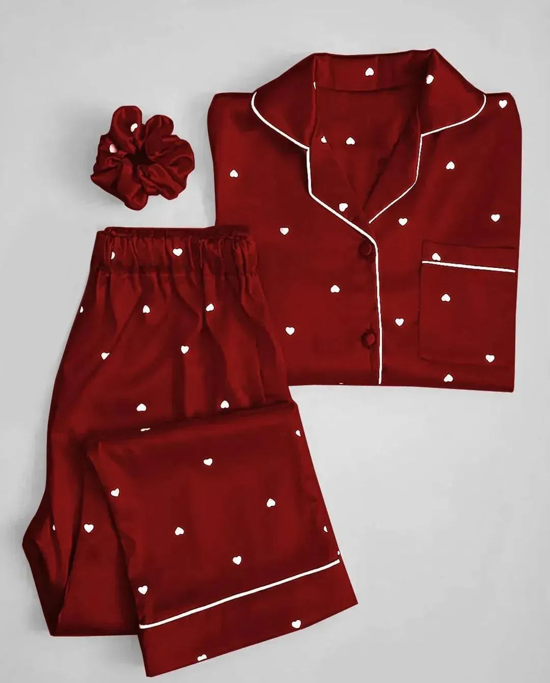 Women Silk Heart Print Night Suit Red Maroon 2 Pcs