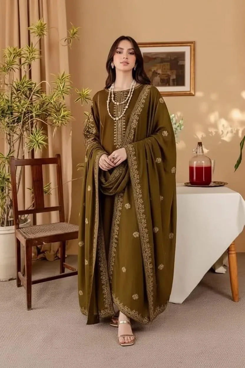3 Pcs Women's Unstitched Embroidered Suit