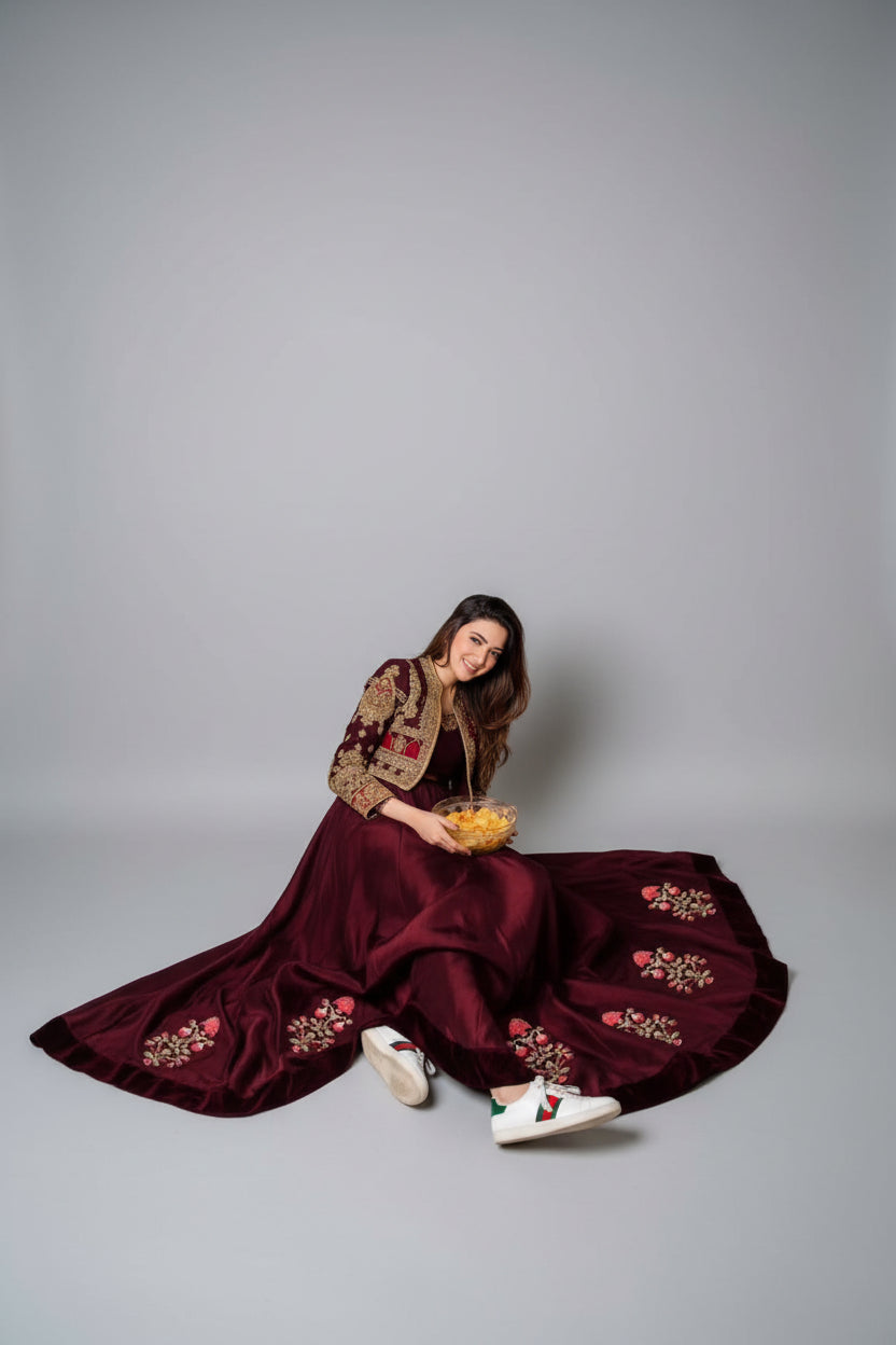 2 Pcs Women's Stitched Shamoz Silk Embroidered Maxi and Jacket