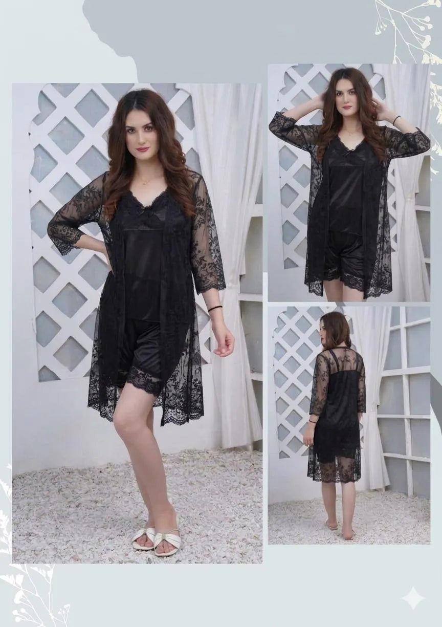 3 Pcs Women's Stitched Silk Lace-Work Night Suit