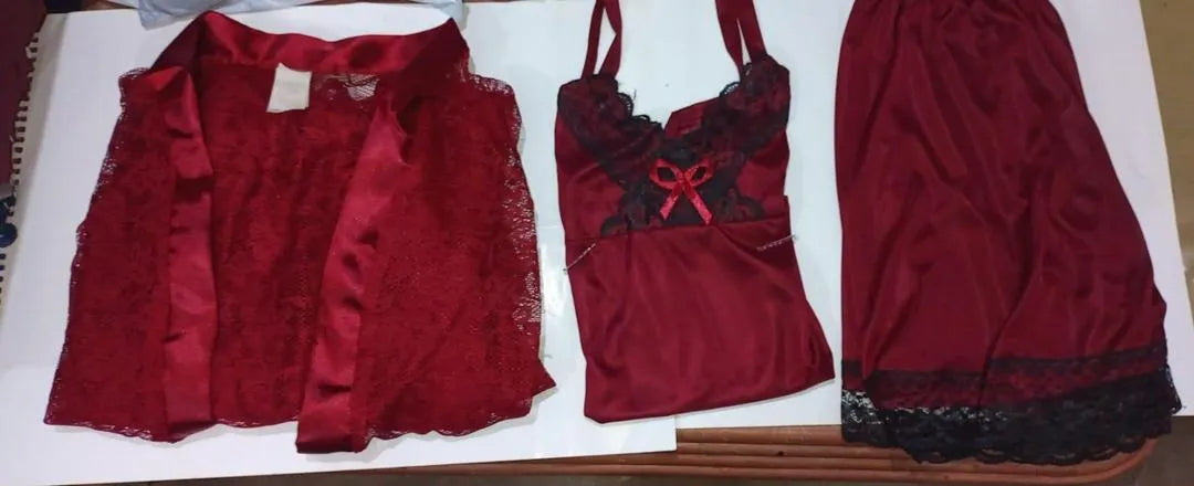 3 Pcs Women's Stitched Silk Lace-Work Night Suit