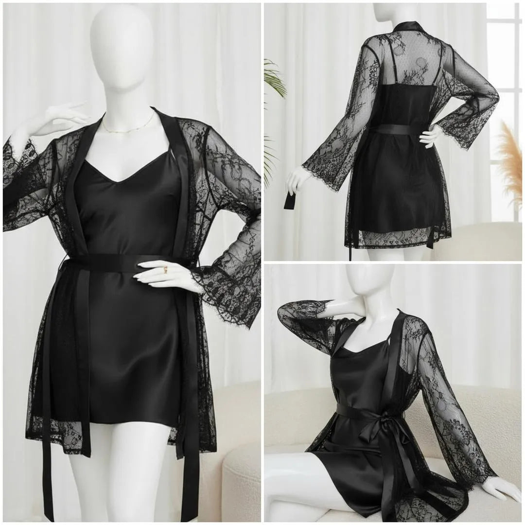 2 Pcs Women's Stitched Silk Lace-Work Night Suit / Net & Silk Nighty For Women