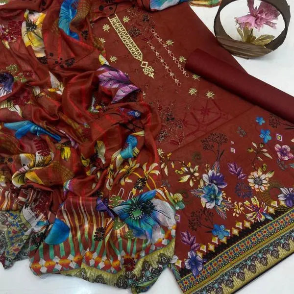 3 Pcs Women's Unstitched Embroidered Suit
