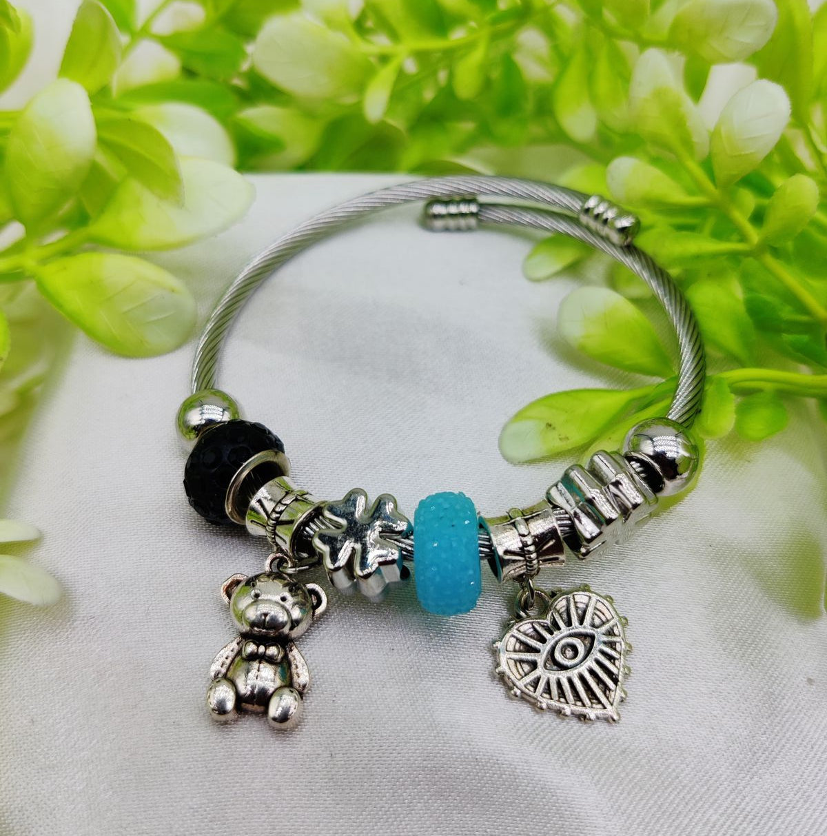 1 Piece Imported Elegant Charm Steel Wire Pandora Bracelet with Bear and Heart Details | Best Quality Bracelet For Girls