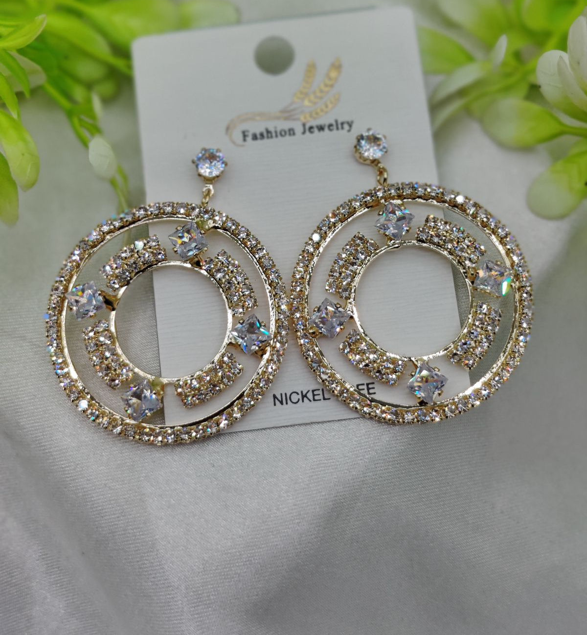 Imported Radiant Crystal Circle Drop Earrings – Elegant Statement Jewelry - Luxurious Gold Finish | Best Quality Artificial Earrings For Girls & Women