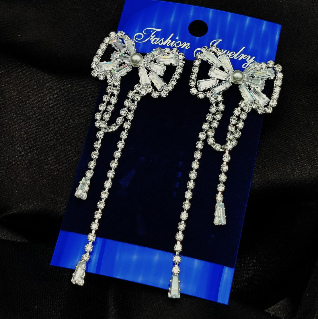Imported Tarnish-Free Silver Sparkling Long Statement Earrings for Glamorous Evenings | Best Quality Earrings For Girls & Women | Luxury Look Earrings (Silver) - Long Statement
