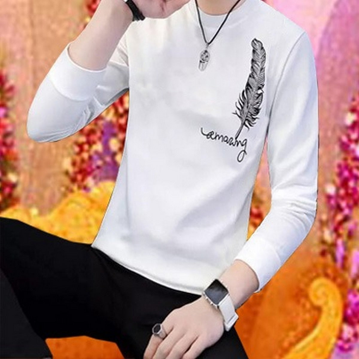Men's Stylish Leaf Print Full Sleeves T-Shirt - Latest Designer Summer Collection | Premium Stitched Party & Casual Wear for Him - White - M