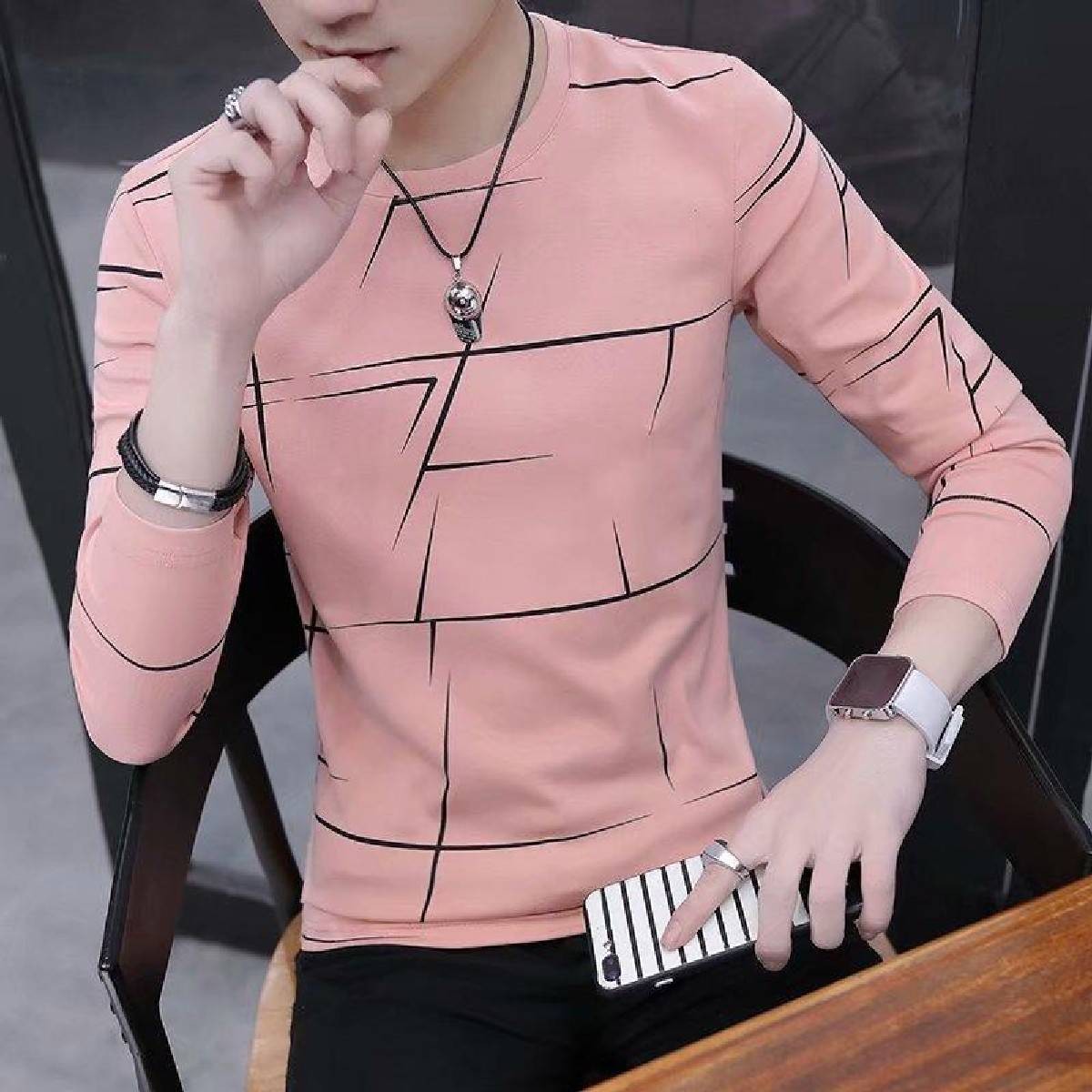 Fancy Cotton Jersey Full Sleeves T Shirt For Men | Best Quality Full Sleeves T Shirt For Men | T Shirt For Boys - Pink T-Shirt with Black Print - M