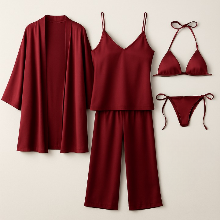 5-Piece Satin Sleepwear Set – Robe, Camisole, Pants & Bikini Nightwear - Free Size (Maroon)