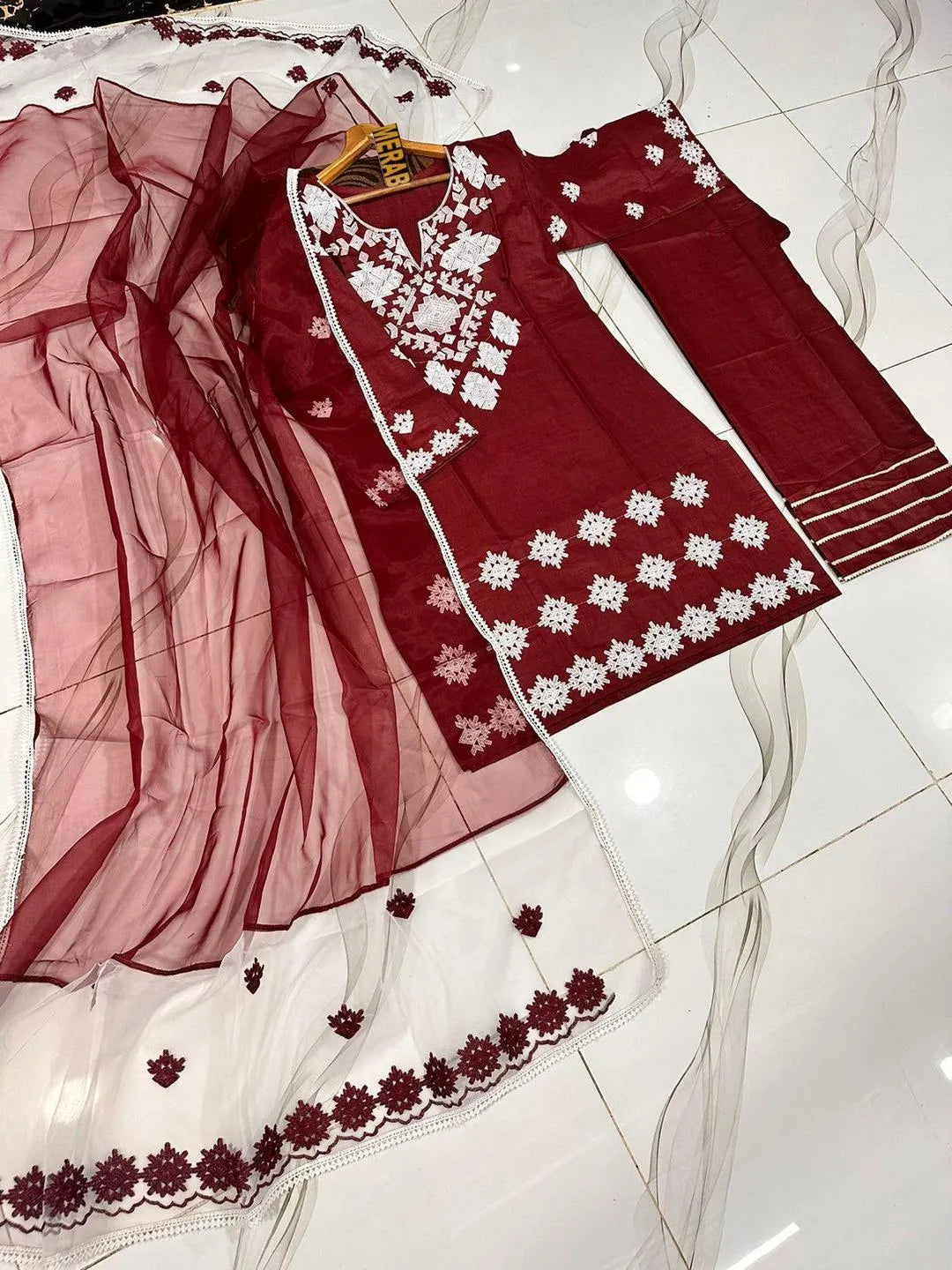 3 Pcs Women's Stitched Cotton Embroidered Suit