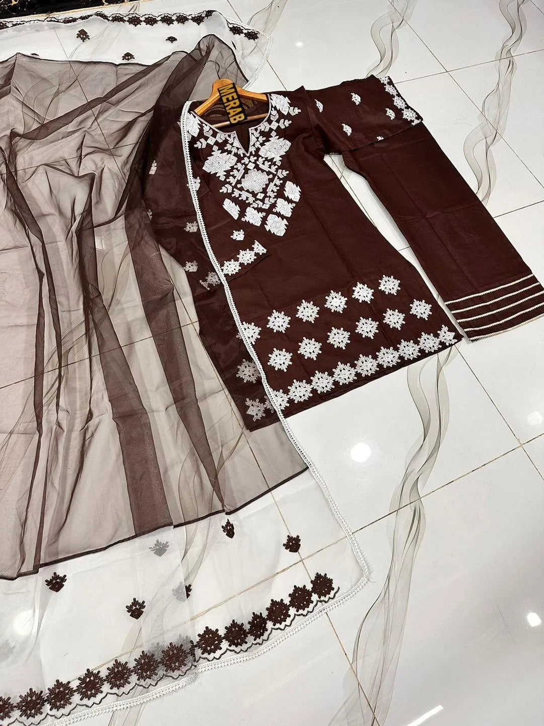 3 Pcs Women's Stitched Cotton Embroidered Suit