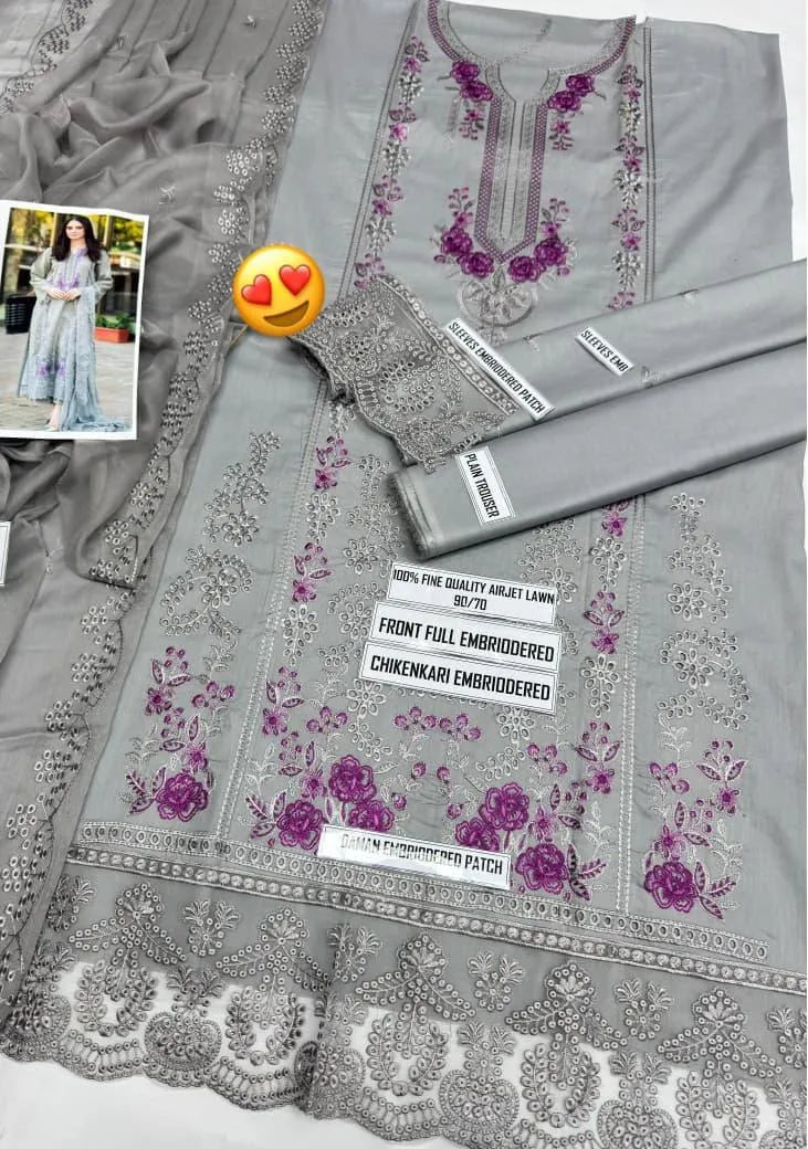 3 Pcs Women's Unstitched Embroidered Suit