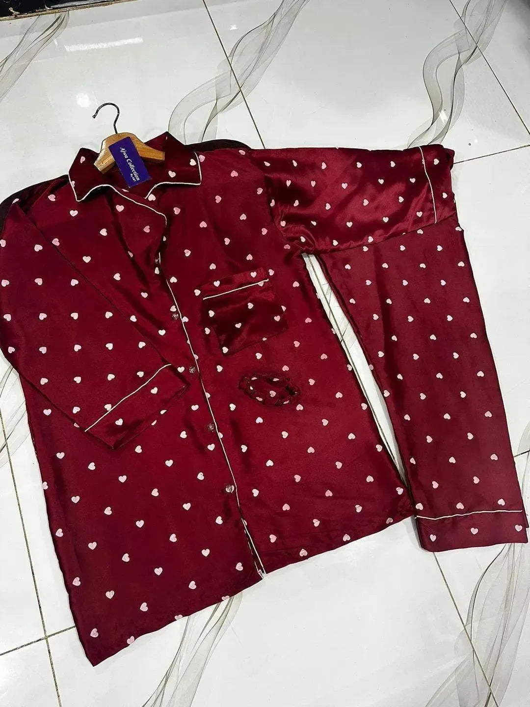 Women Silk Heart Print Night Suit Red Maroon 2 Pcs