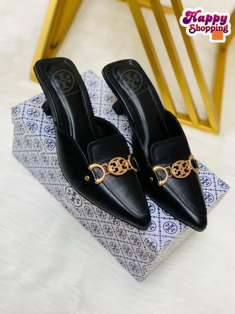 Women's Rexine Mules with Gold Buckle