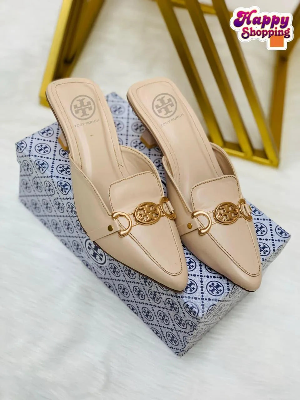 Women's Rexine Mules with Gold Buckle