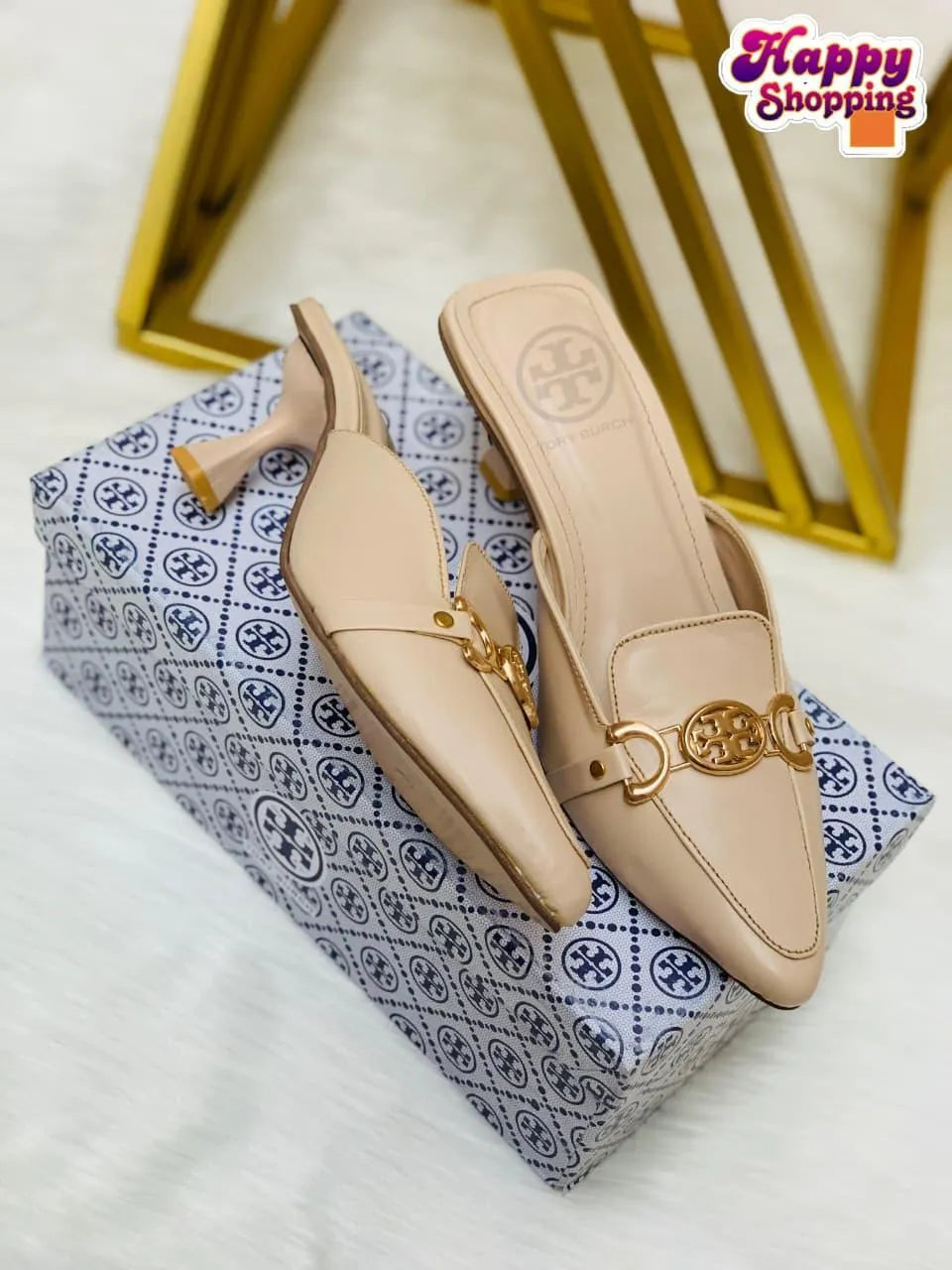 Women's Rexine Mules with Gold Buckle