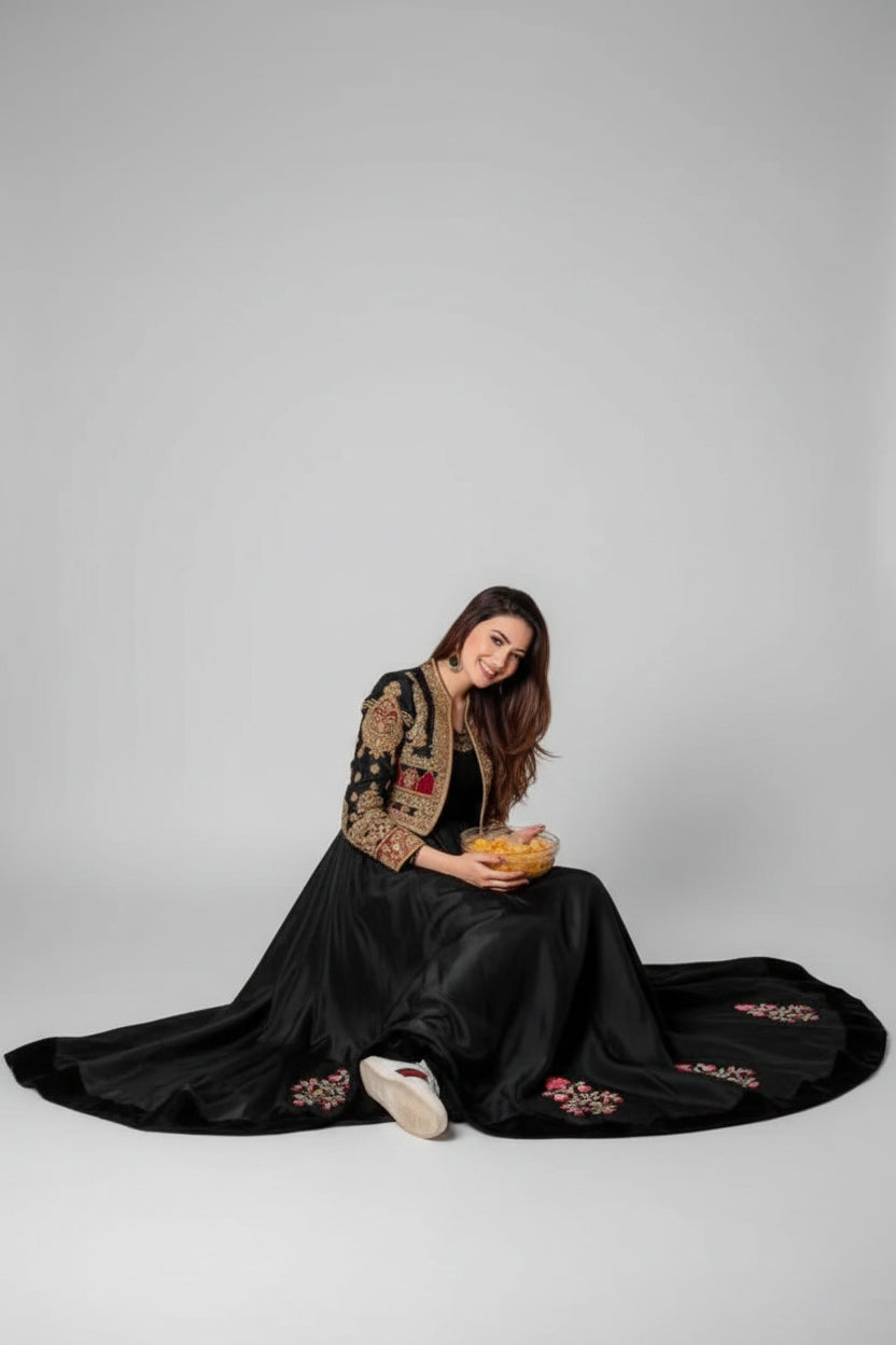 2 Pcs Women's Stitched Shamoz Silk Embroidered Maxi and Jacket