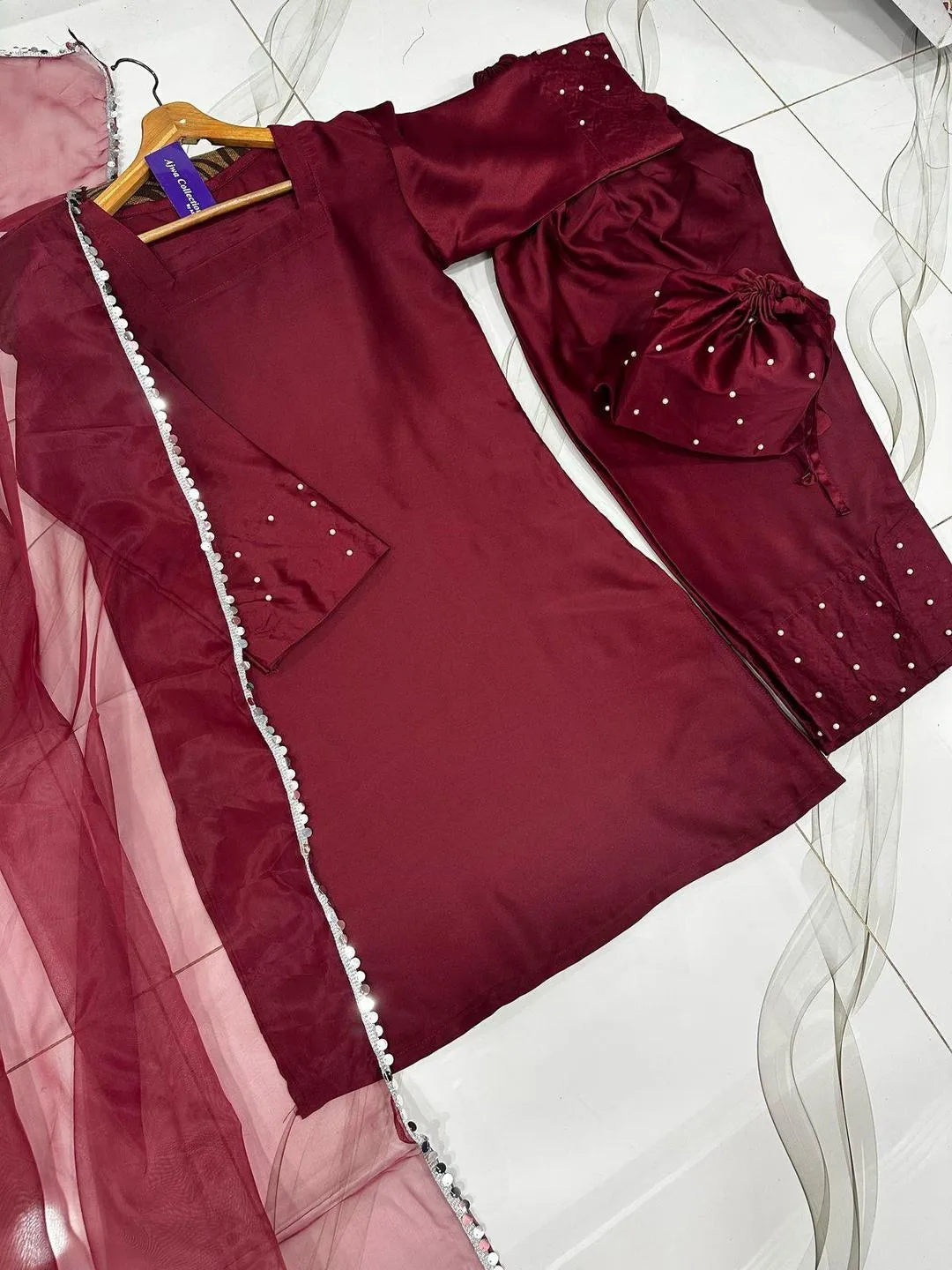 3 Pcs Women's Stitched Shamoz Silk Lace Work Suit