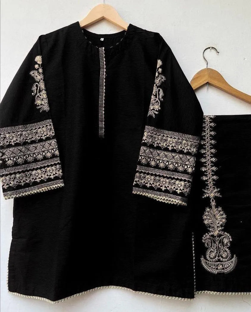 2 Pcs Women's Stitched Shamoz Silk Embroidered Shirt And Trouser