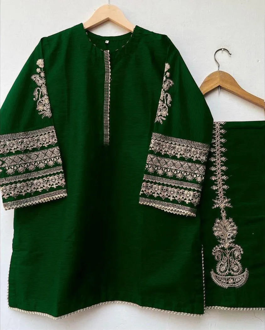 2 Pcs Women's Stitched Shamoz Silk Embroidered Shirt And Trouser