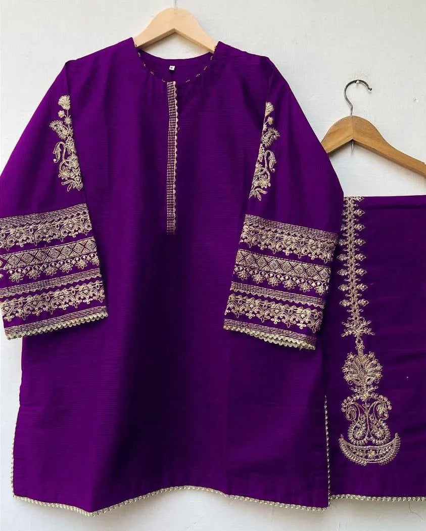 2 Pcs Women's Stitched Shamoz Silk Embroidered Shirt And Trouser