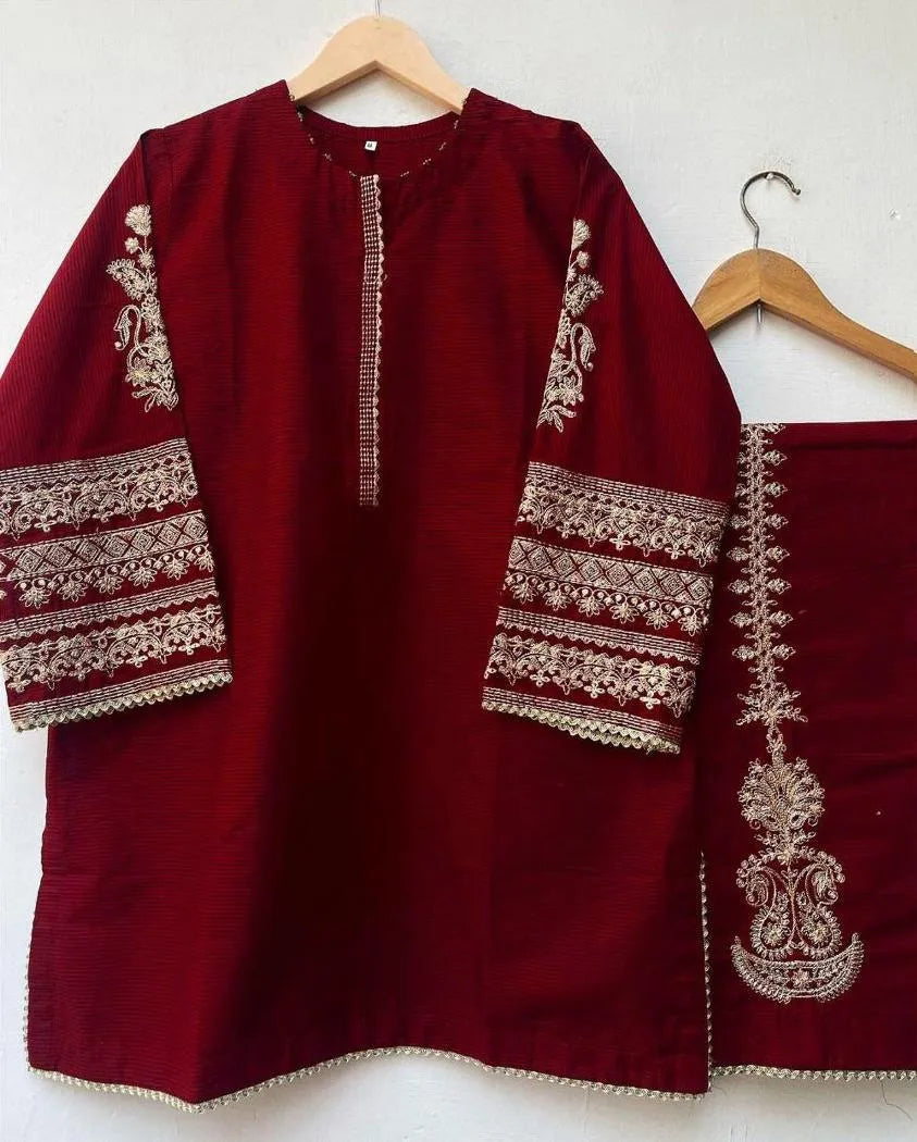 2 Pcs Women's Stitched Shamoz Silk Embroidered Shirt And Trouser