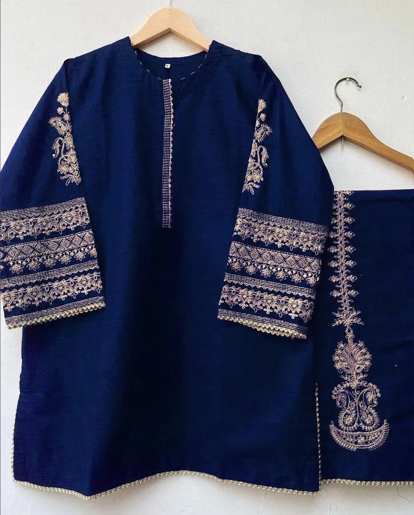 2 Pcs Women's Stitched Shamoz Silk Embroidered Shirt And Trouser