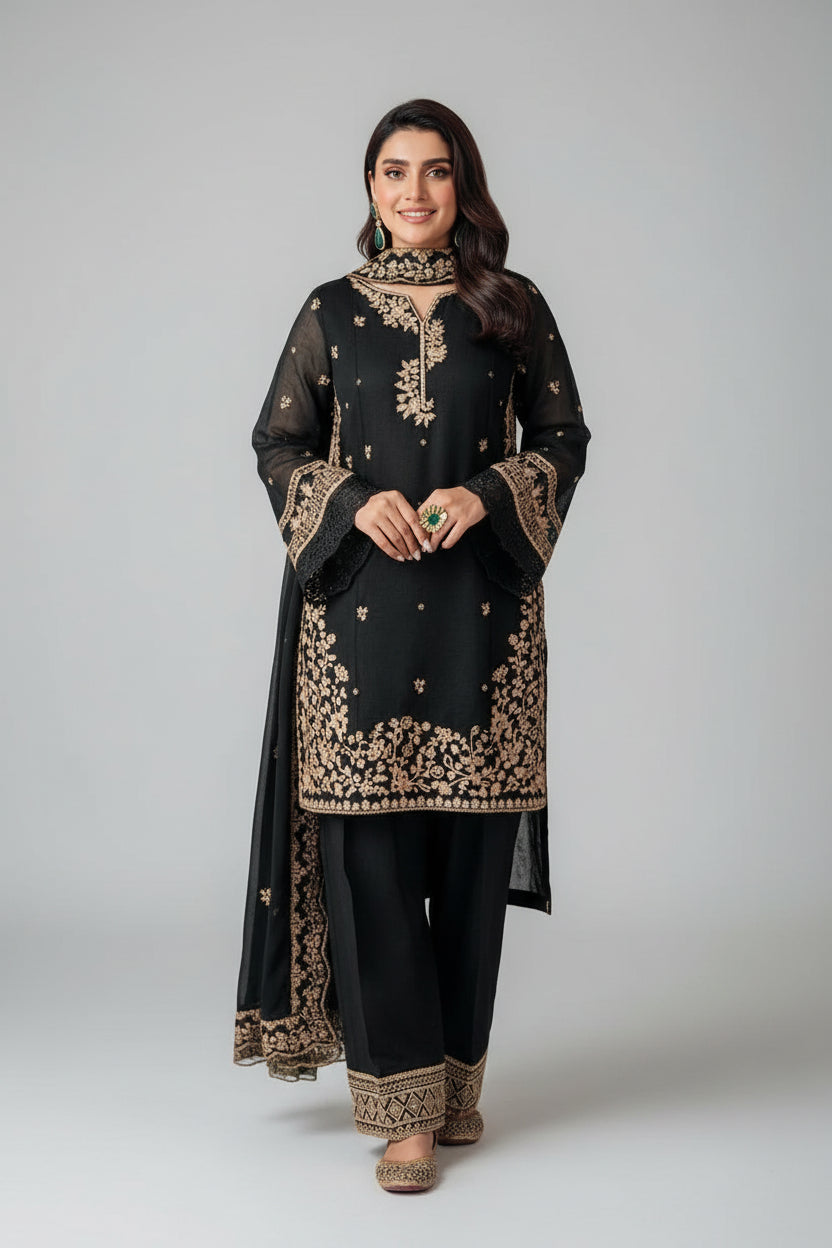 3 Pcs Women's Stitched Cotton Embroidered Suit
