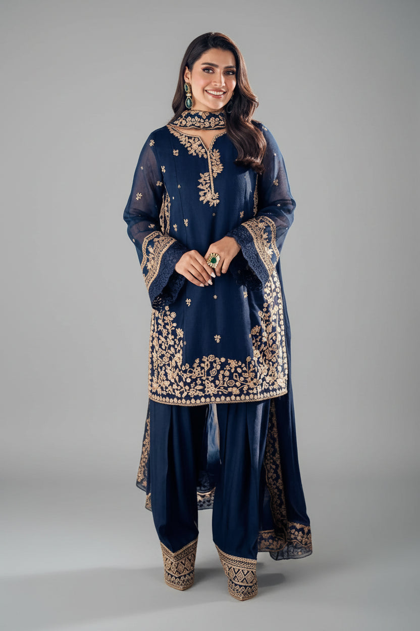 3 Pcs Women's Stitched Cotton Embroidered Suit