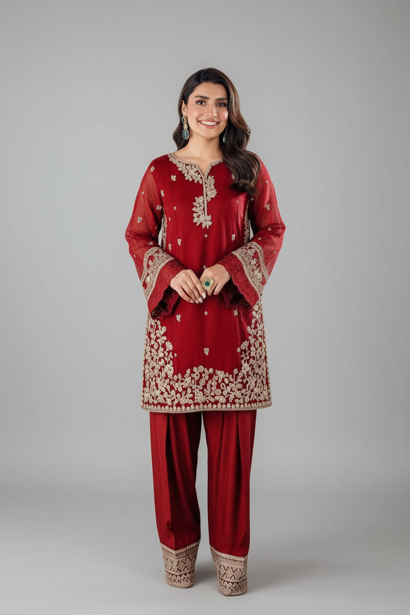 3 Pcs Women's Stitched Cotton Embroidered Suit