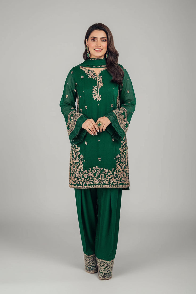 3 Pcs Women's Stitched Cotton Embroidered Suit