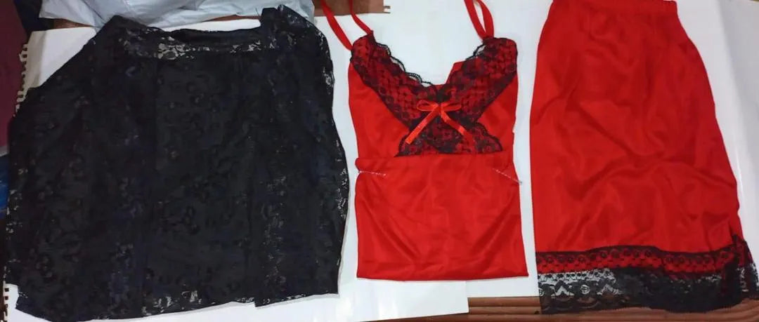 3 Pcs Women's Stitched Silk Lace-Work Night Suit / Net 3 Pcs Nighty For Women