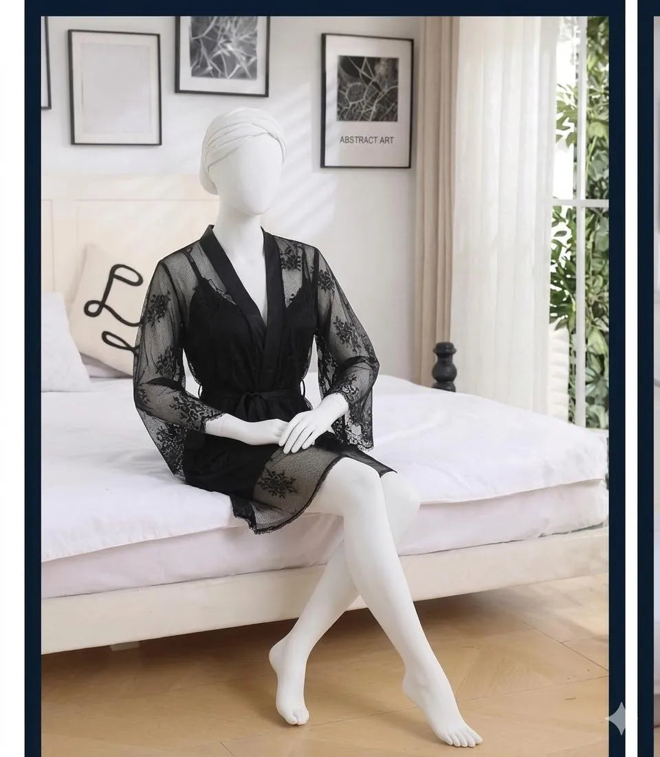2 Pcs Women's Stitched Silk Lace-Work Night Suit
