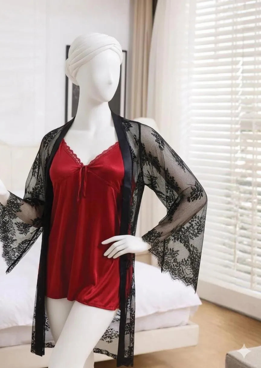 2 Pcs Women's Stitched Silk Lace-Work Night Suit