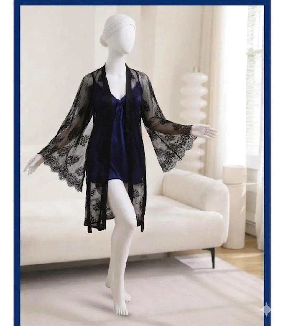 2 Pcs Women's Stitched Silk Lace-Work Night Suit