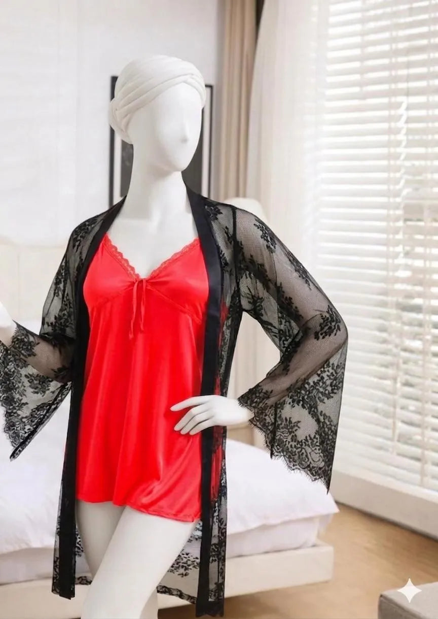 2 Pcs Women's Stitched Silk Lace-Work Night Suit