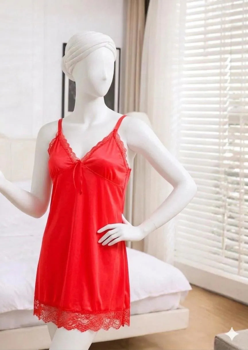2 Pcs Women's Stitched Silk Lace-Work Night Suit