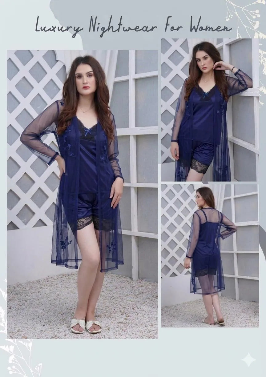 3 Pcs Women's Stitched Silk Lace-Work Night Suit