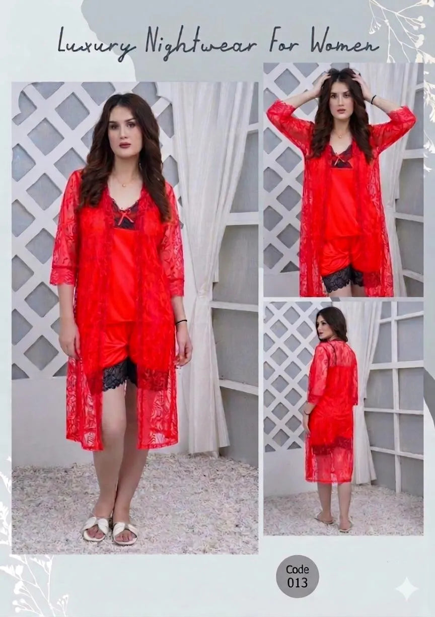 3 Pcs Women's Stitched Silk Lace-Work Night Suit