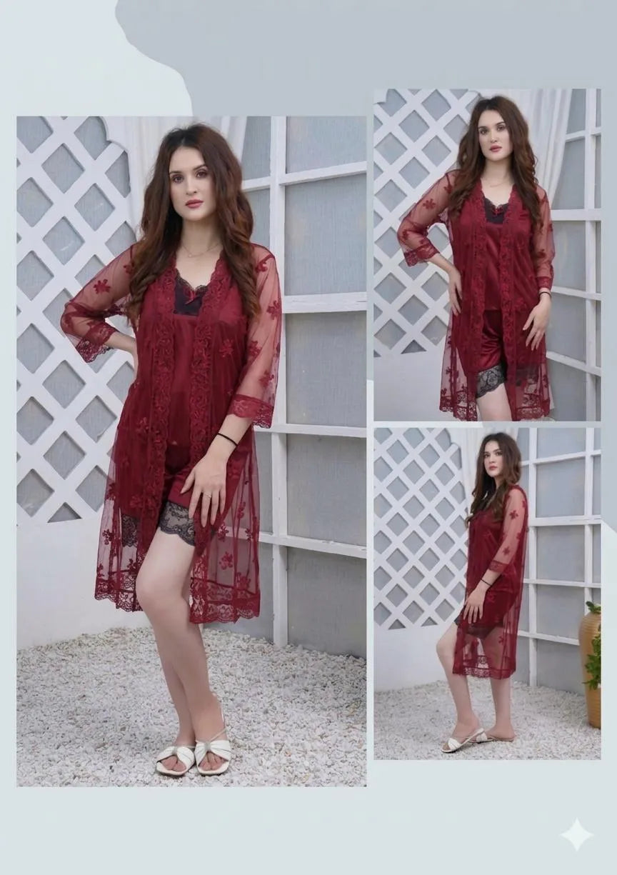 3 Pcs Women's Stitched Silk Lace-Work Night Suit