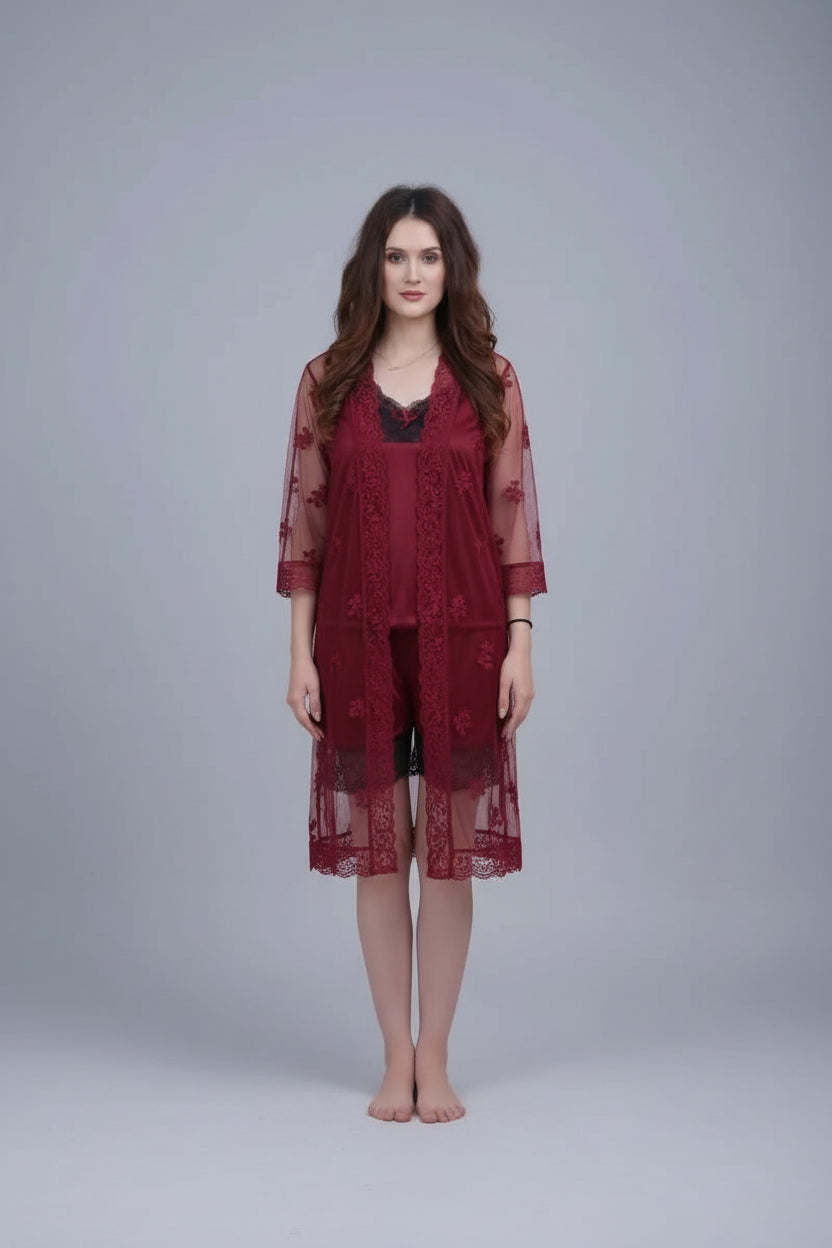 3 Pcs Women's Stitched Silk Lace-Work Night Suit