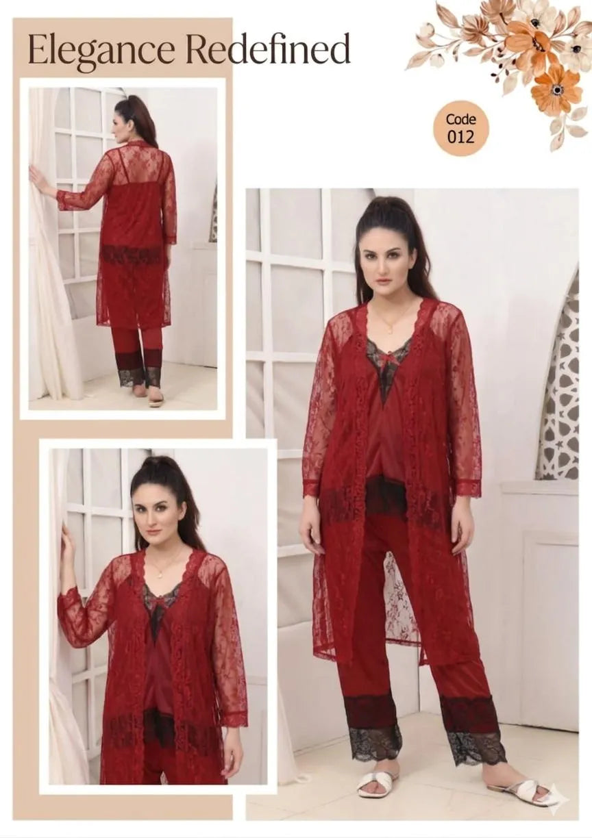 3 Pcs Women's Stitched Silk Lace-Work Night Suit / 3 Pcs Transparent And Silk Nighty