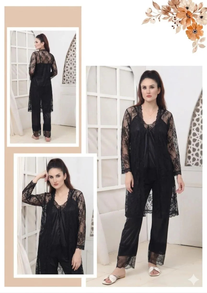 3 Pcs Women's Stitched Silk Lace-Work Night Suit / 3 Pcs Transparent And Silk Nighty