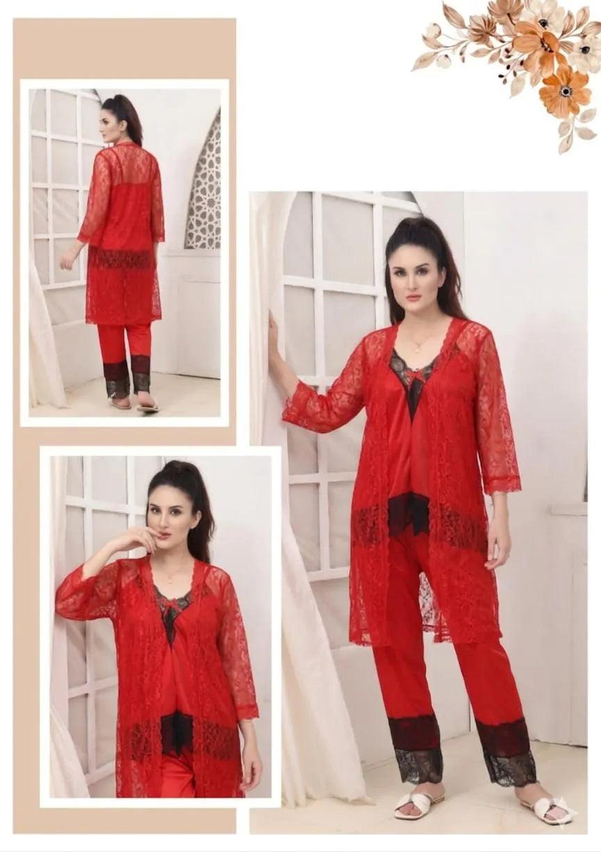 3 Pcs Women's Stitched Silk Lace-Work Night Suit / 3 Pcs Transparent And Silk Nighty