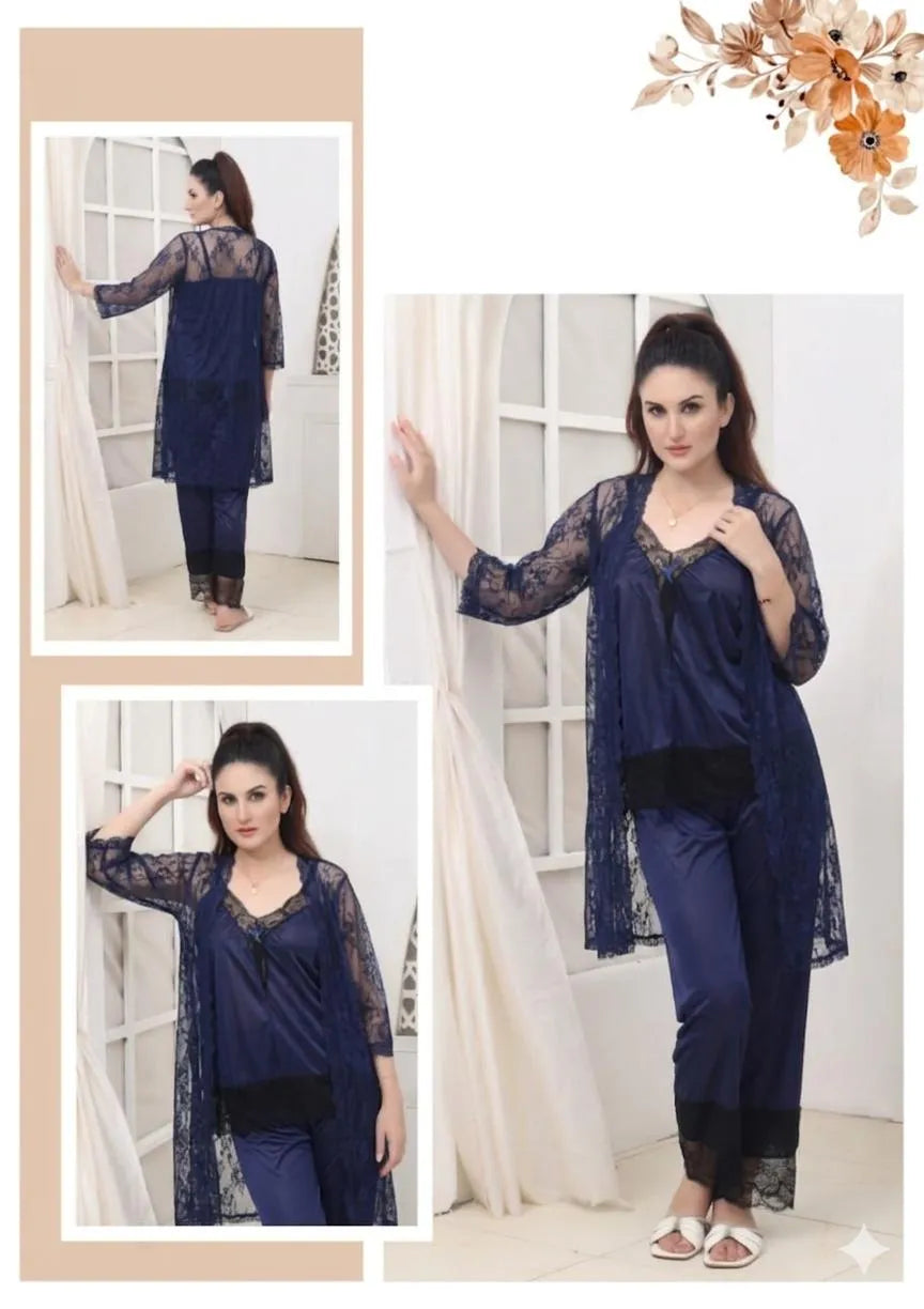 3 Pcs Women's Stitched Silk Lace-Work Night Suit / 3 Pcs Transparent And Silk Nighty