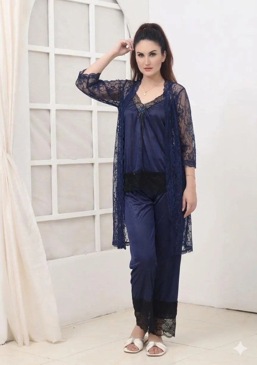 3 Pcs Women's Stitched Silk Lace-Work Night Suit / 3 Pcs Transparent And Silk Nighty