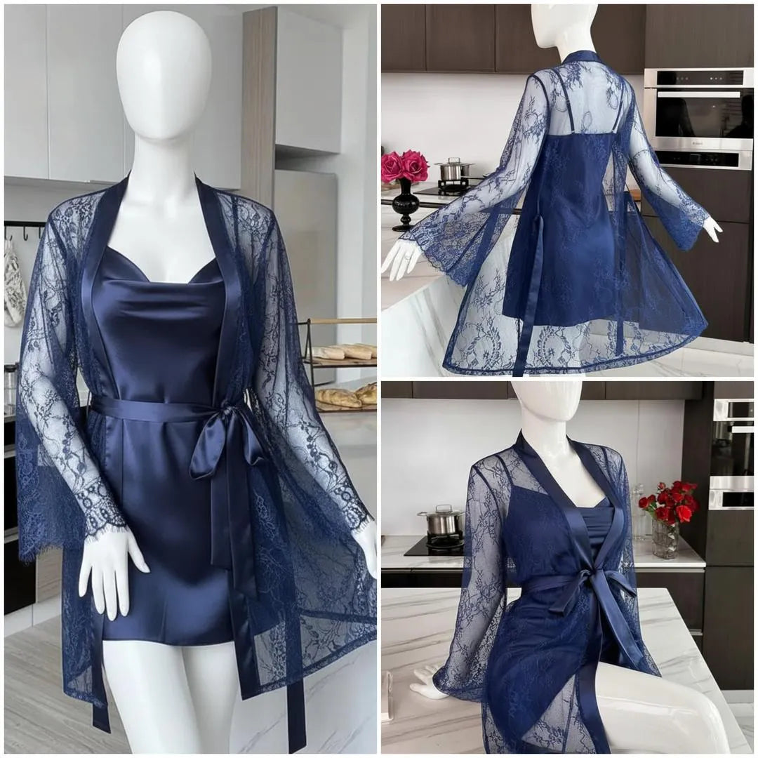 2 Pcs Women's Stitched Silk Lace-Work Night Suit / Net & Silk Nighty For Women