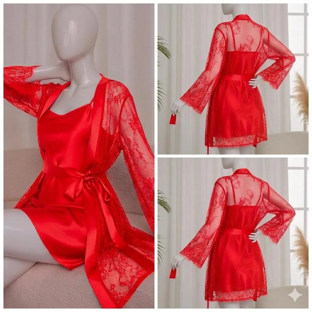 2 Pcs Women's Stitched Silk Lace-Work Night Suit / Net & Silk Nighty For Women