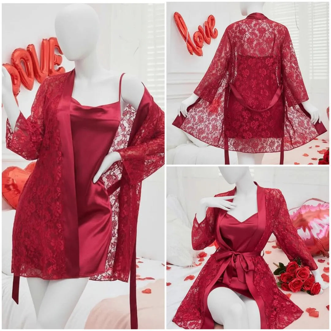 2 Pcs Women's Stitched Silk Lace-Work Night Suit / Net & Silk Nighty For Women